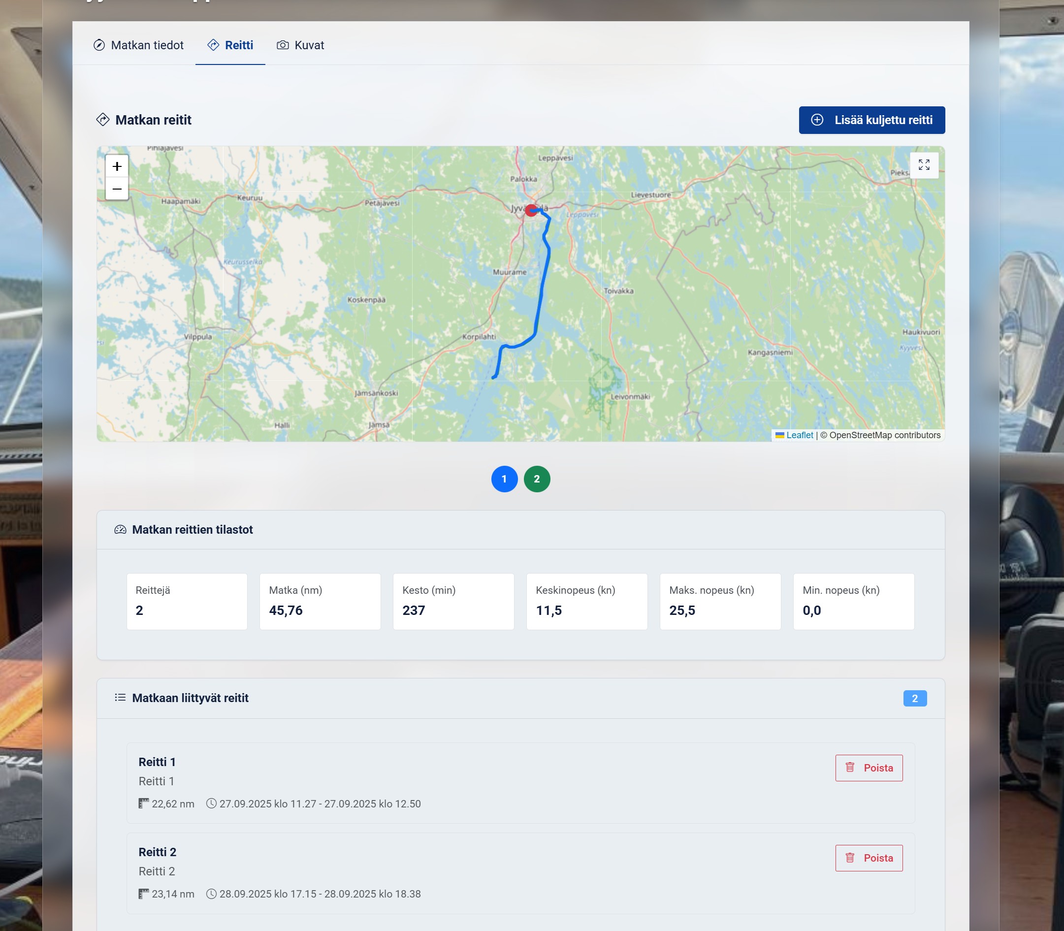 Lokikirjaan voi lisätä myös reitit